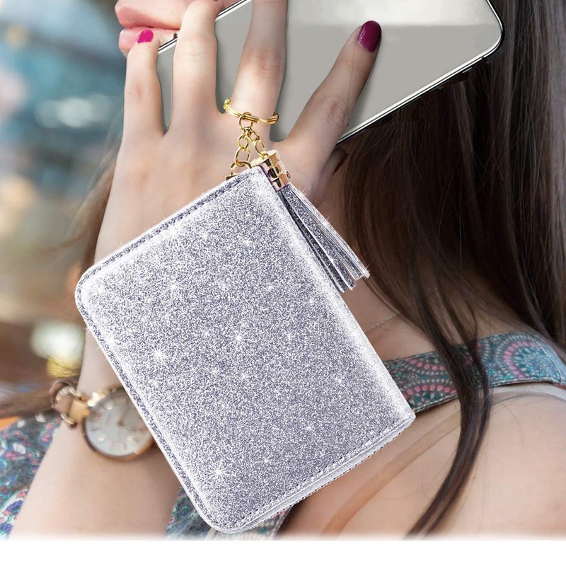 Coco Rossi Women's Small Credit Card Wallet RFID Glitter Cute Credit Card Holder Wallets for Women -Silver - Image 2